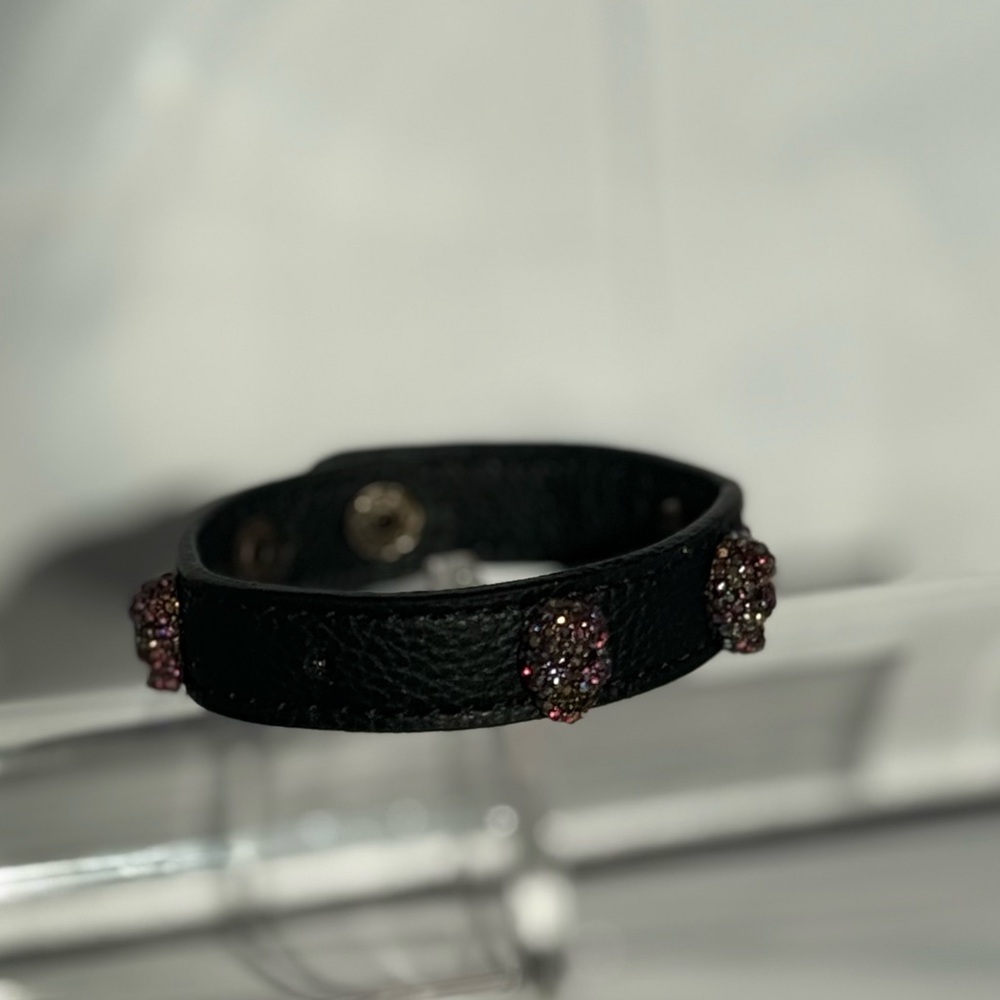 Betsey Johnson Faux Stone Pave Skull Leather Snap Bracelet - Picture 3 of 10